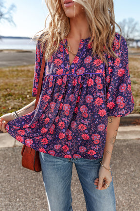 Purple Floral Puff Half Sleeve Split Neck Blouse-True and Wild