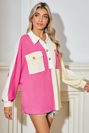 Pink Colorblock Patchwork Ribbed Oversized Sweatshirt-True and Wild