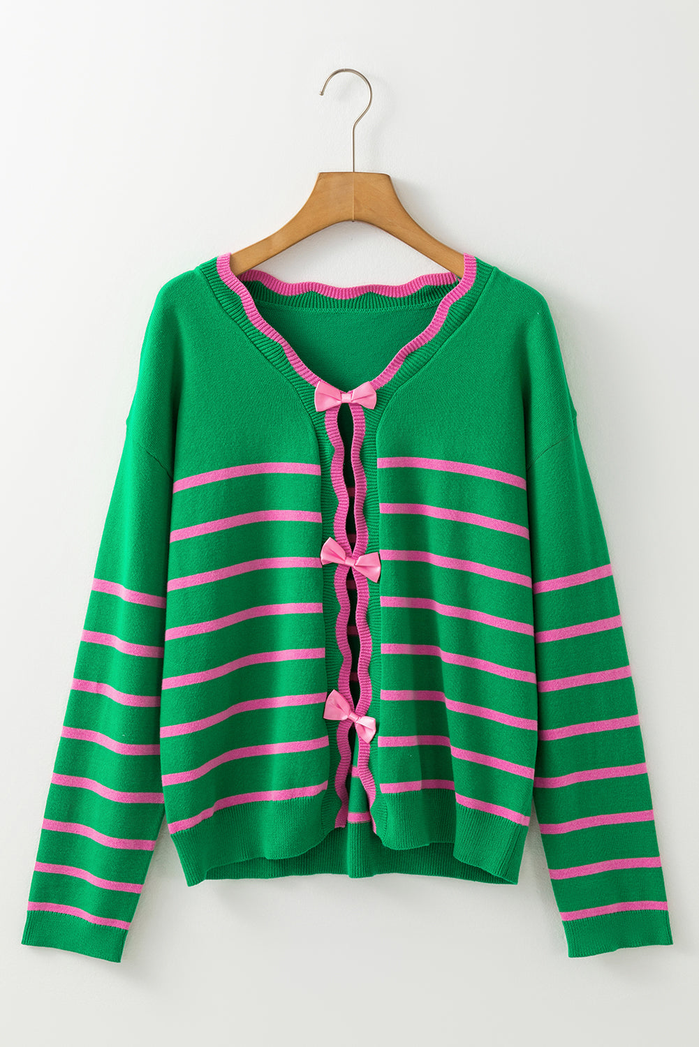 Bow Striped V-Neck Long Sleeve Cardigan-True and Wild