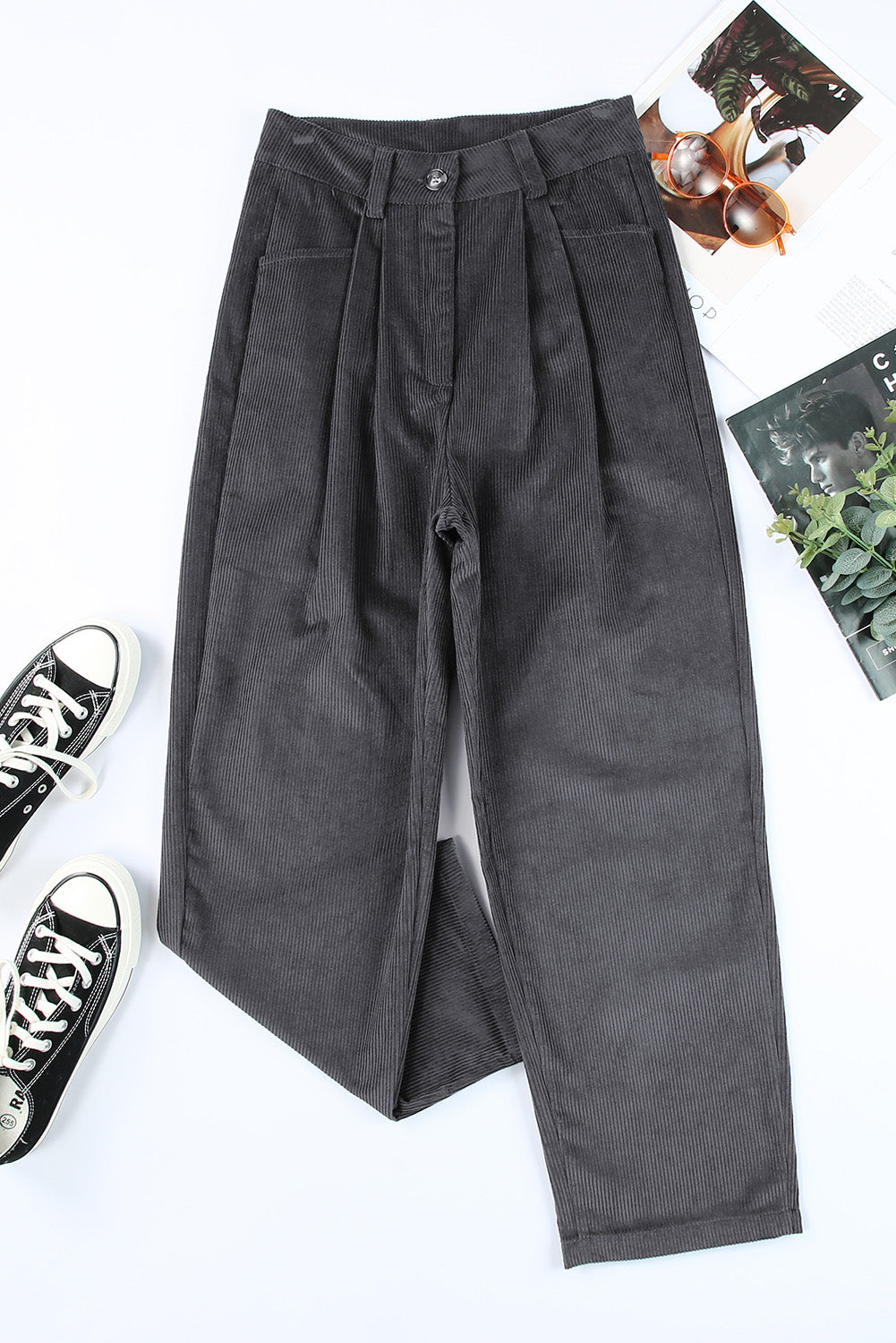 Grey Corduroy High Waisted Wide Leg Pants-True and Wild