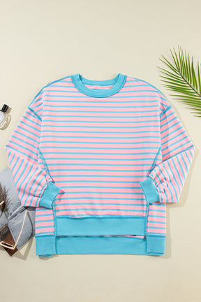 Pink Stripe Contrast Trim High Low Tunic Sweatshirt-True and Wild