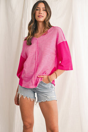 Sachet Pink V-Neck Exposed Seam Patchwork Top