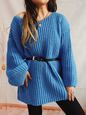 Boat Neck Long Sleeve Sweater With Belt