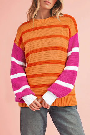 Orange Striped Colorblock Puff Sleeve Sweater-True and Wild