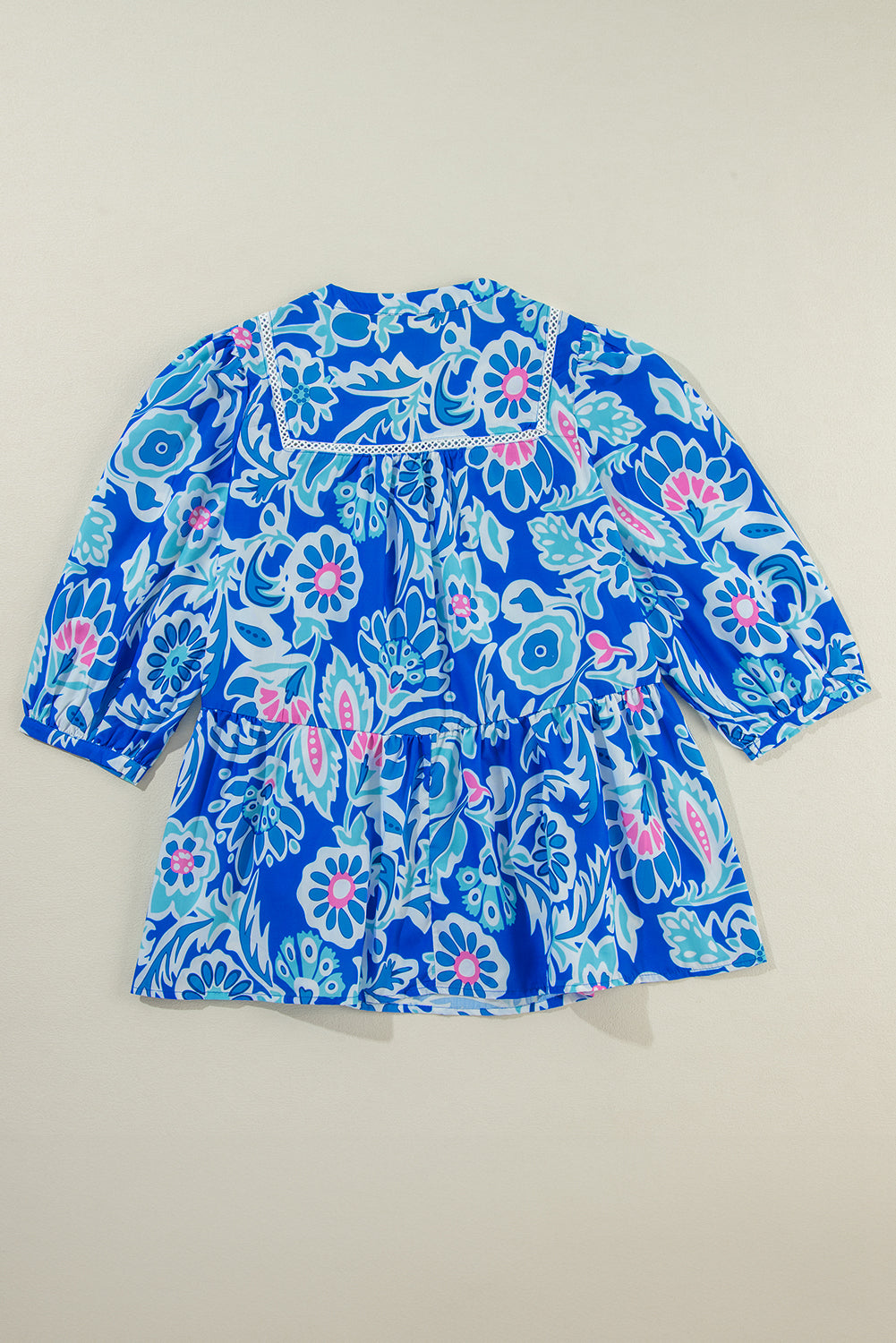 Blue Boho Floral Print V Neck Peplum Blouse-True and Wild