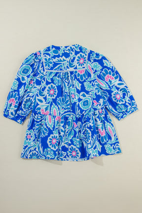 Blue Boho Floral Print V Neck Peplum Blouse-True and Wild