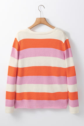 Orange Casual Stripe V Neck Side Slit Sweater-True and Wild