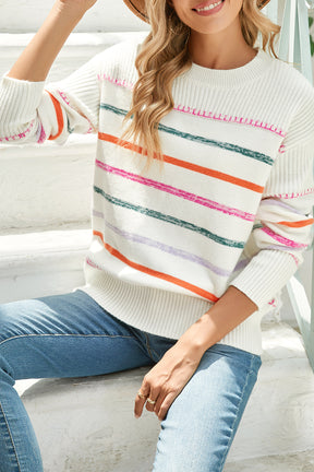 Black Colorful Striped Ribbed Trim Round Neck Sweater-True and Wild