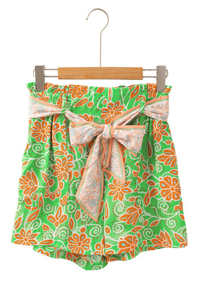 Green Floral Print Pocketed Front Knot High Waist Casual Shorts