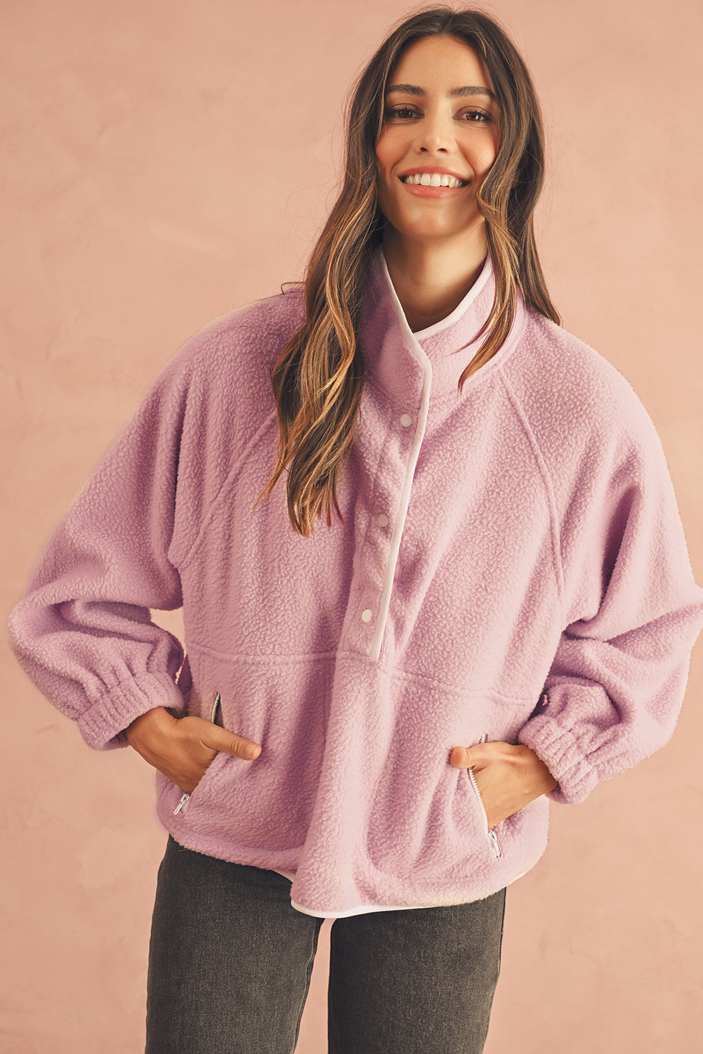 Fushia High Collar Long Sleeve Pocket Pullover Sweatshirt-True and Wild