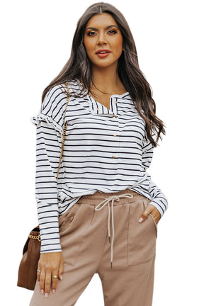 White Striped Snap Button Ruffle Trim Long Sleeve Top