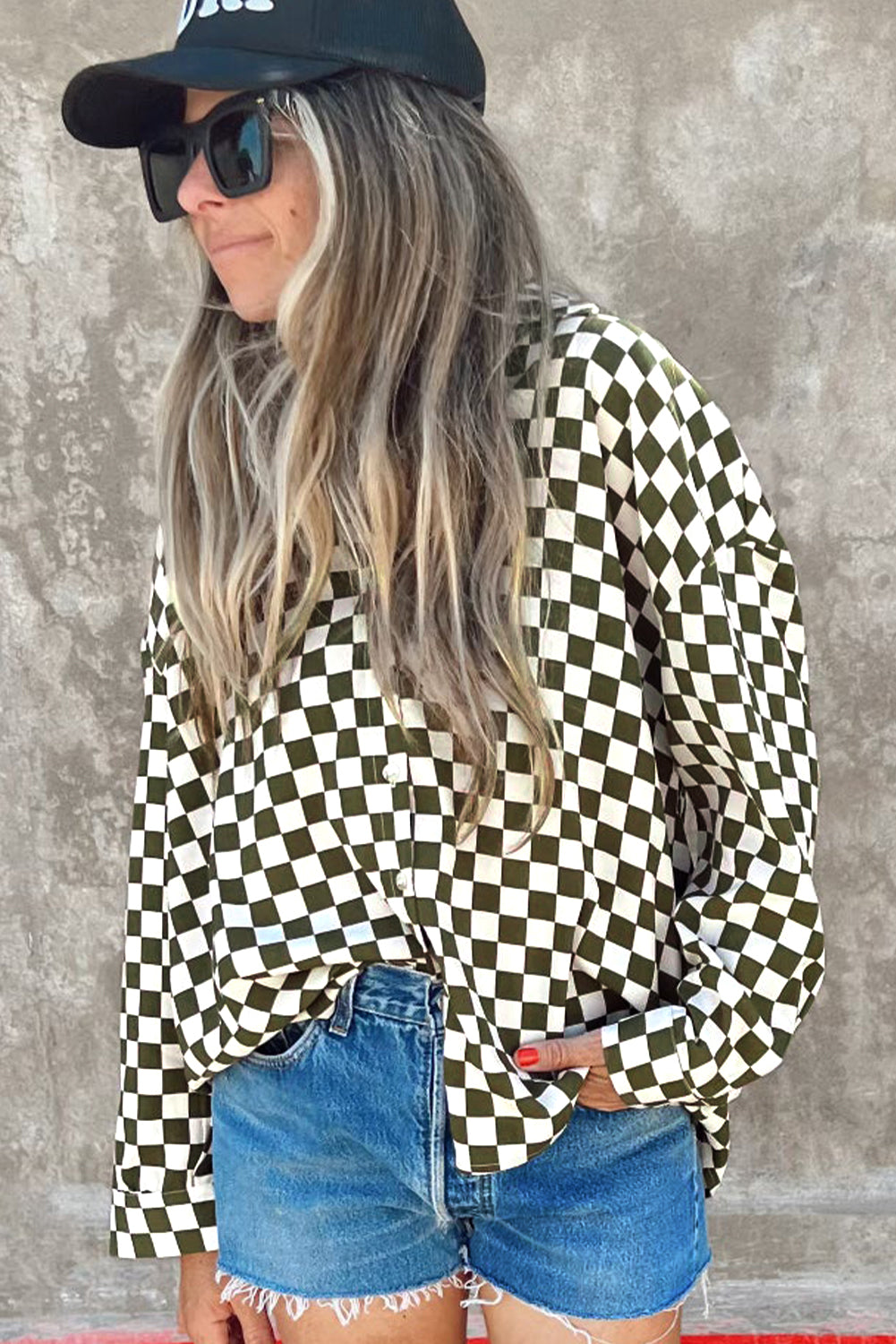 Green Checkerboard Print Drop Shoulder Loose Blouse-True and Wild