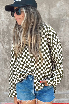 Green Checkerboard Print Drop Shoulder Loose Blouse-True and Wild