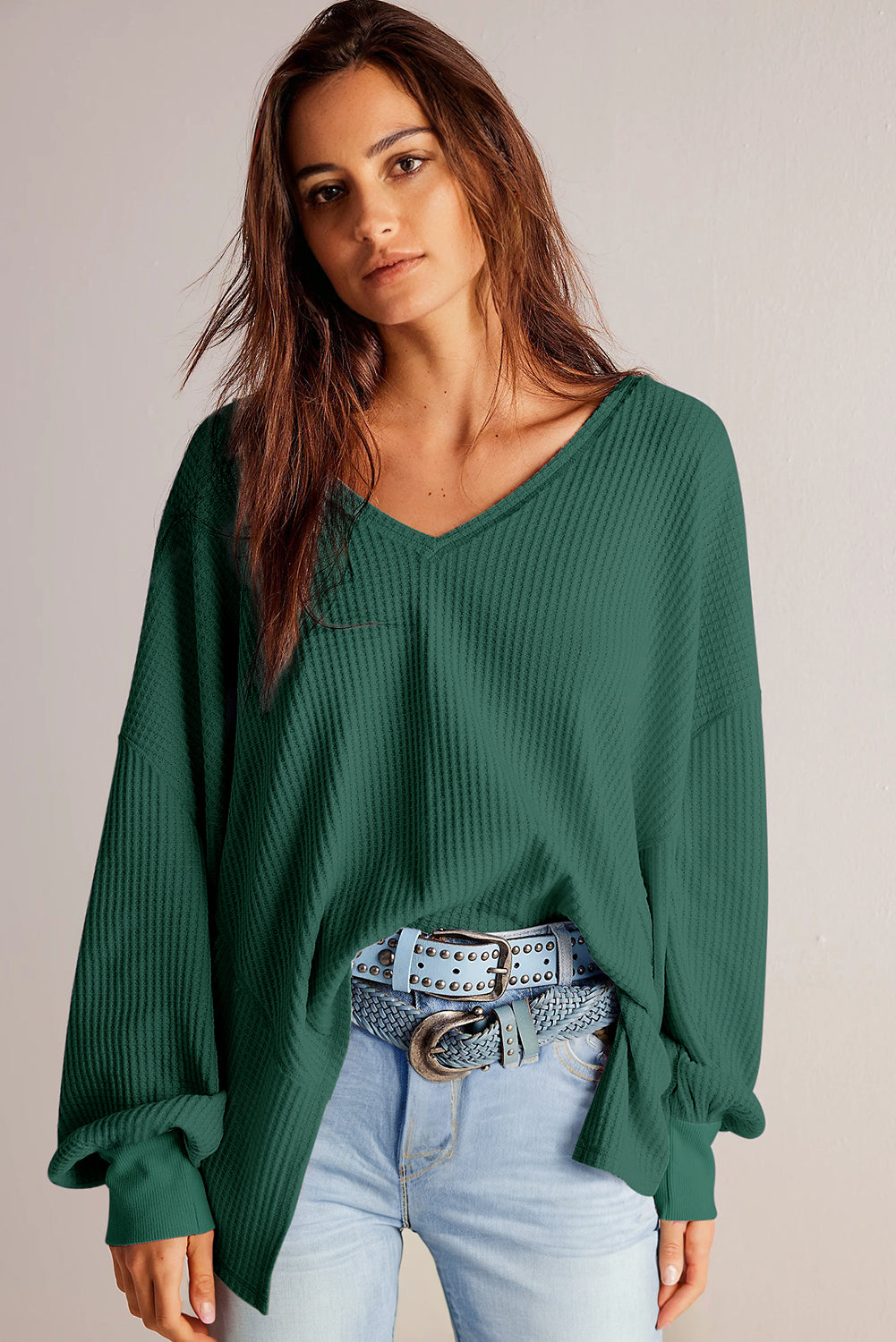 Blackish Green Waffle V Neck Drop Shoulder Loose Top-True and Wild