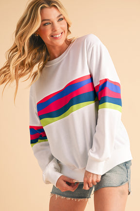 Green Colorful Striped Round Neck Long Sleeve Top