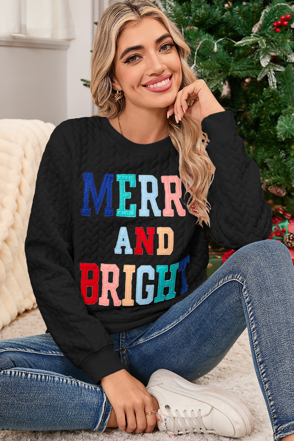 Black Merry and Bright Quilted Sweatshirt-True and Wild