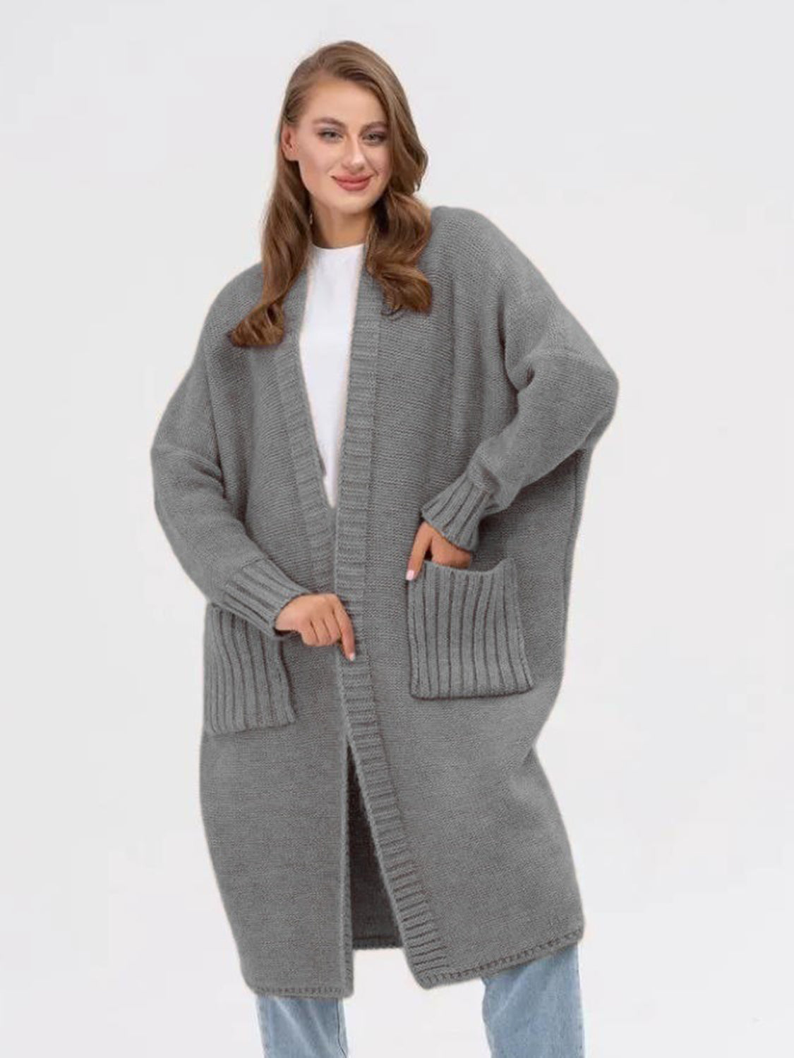 Pocketed Open Front Long Sleeve Longline Cardigan-True and Wild