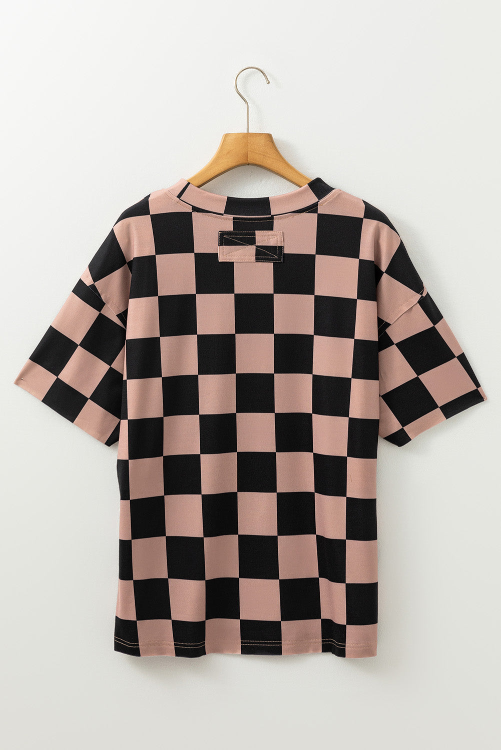 Light Beige Two Tone Checkered Crew Neck Loose T Shirt-True and Wild