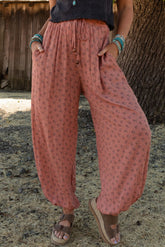 Pink Boho Floral Printed Wide Leg Jogger Pants-True and Wild