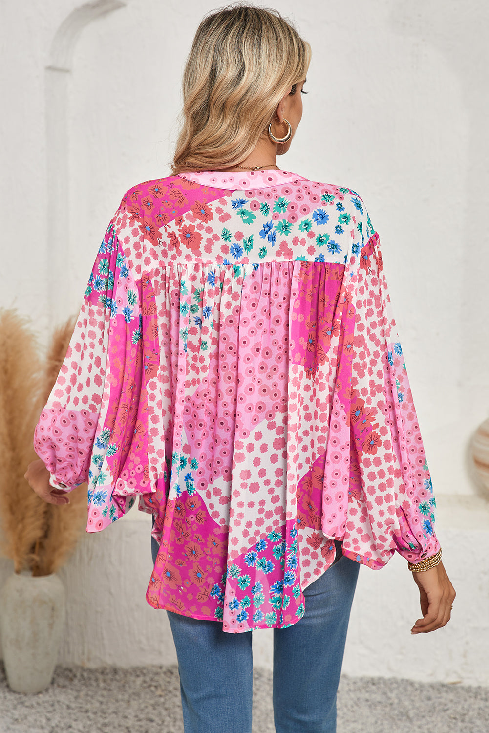 Rose Red Floral Print Dolman Sleeve Blouse-True and Wild