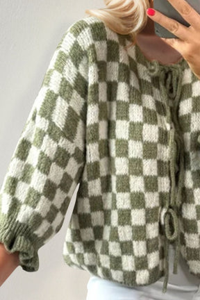 Double Take Tied Checkered Dropped Shoulder Flounce Sleeve Cardigan