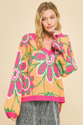 Davi & Dani Floral Contrast V-Neck Dropped Shoulder Sweater-True and Wild