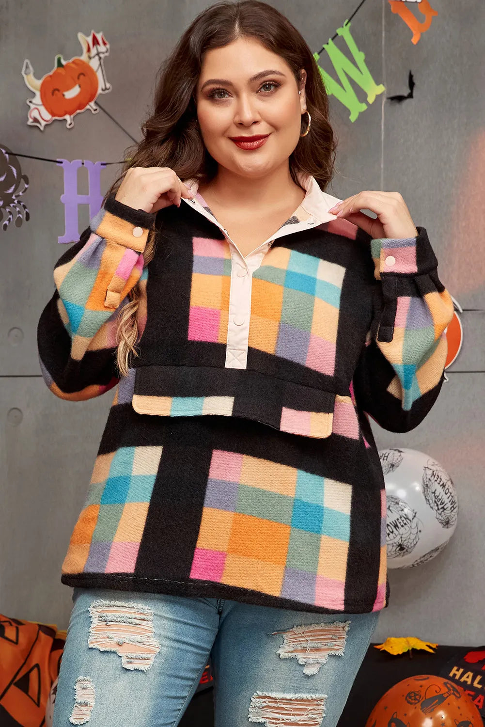 Plus Size Color Block Half Snap Long Sleeve Sweatshirt-True and Wild