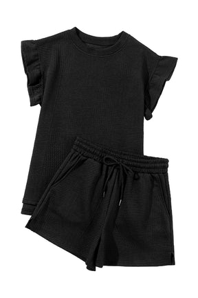 Black Textured Ruffle Split Top And Drawstring Shorts Set-True and Wild