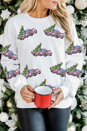 Beige Sequins A Truck of Christmas Tree Graphic Sweatshirt-True and Wild