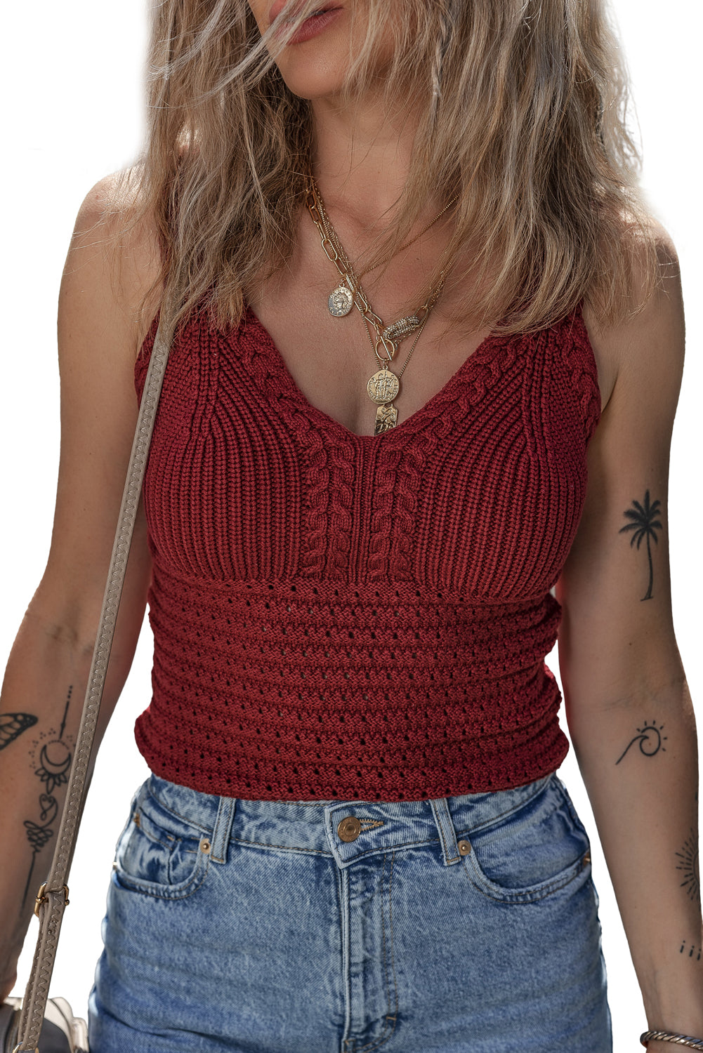 Burgundy Slim Fit V Neck Cable Knit Pointelle Camisole-True and Wild