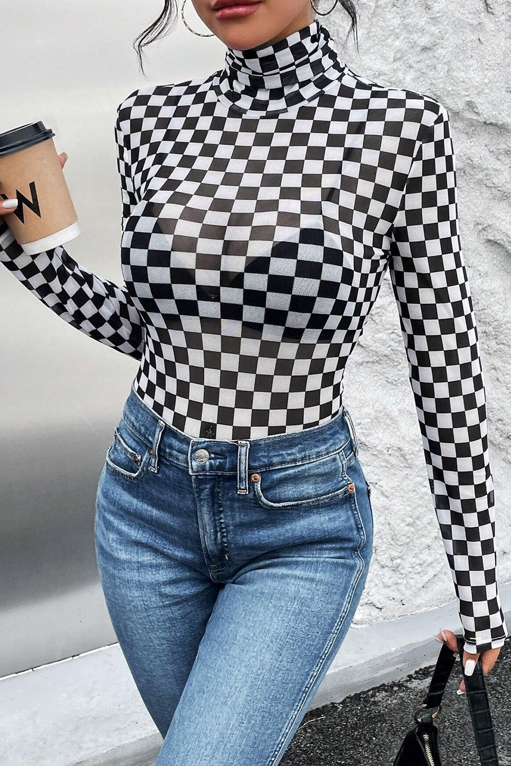 Brown Checkered Print Long Sleeve Mock Neck Bodysuit-True and Wild