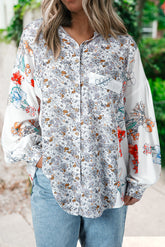 Purple Boho Floral Bishop Sleeve Button Up Loose Shirt-True and Wild