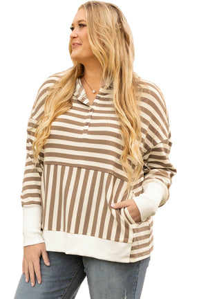 Brown Stripe Drop Sleeve Plus Size Henley Hoodie