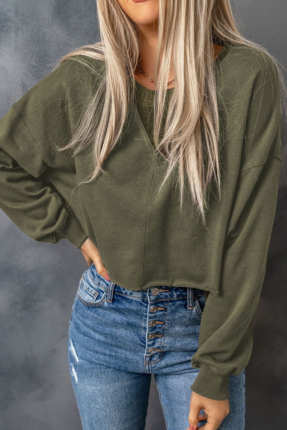 Green Casual Drop Shoulder Cropped Sweatshirt-True and Wild