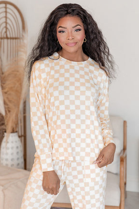 Beige Checkered Print Long Sleeve Loose Fit Pajama Set-True and Wild