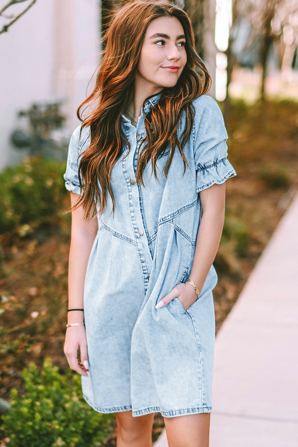 Blue Mineral Washed Ruffled Short Sleeve Pocketed Denim Dress-True and Wild