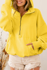 Yellow Solid Color Half Zip Pullover Hoodie with Kangaroo Pocket