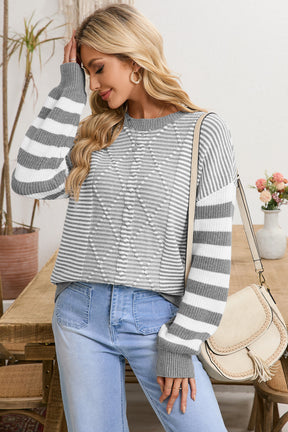 Red Stripe Twisted Knitted Drop Shoulder Sweater-True and Wild