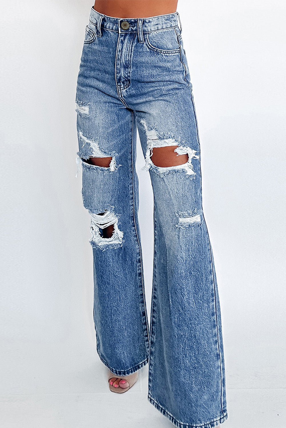 Ashleigh Blue Acid Wash Distressed Wide Leg High Waist Jeans-True and Wild