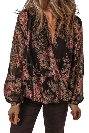 Black Floral Print Criss Cross V Neck Balloon Sleeve Blouse-True and Wild