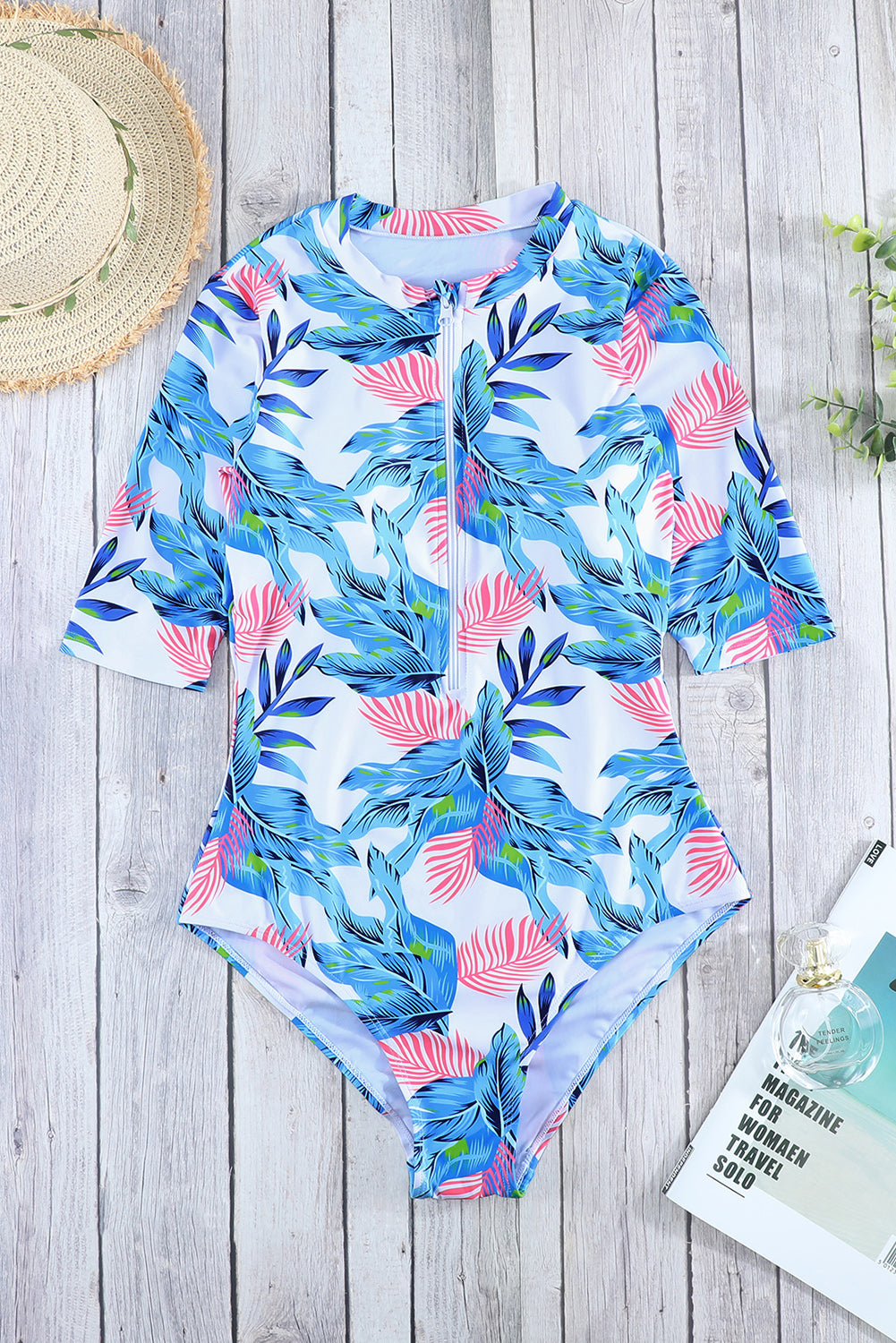 Blue Plant Print Zip Front Half Sleeve One Piece Swimsuit