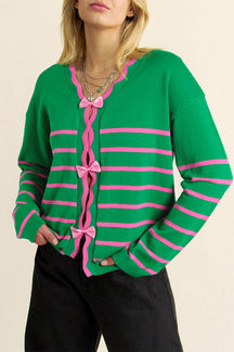 Bow Striped V-Neck Long Sleeve Cardigan-True and Wild