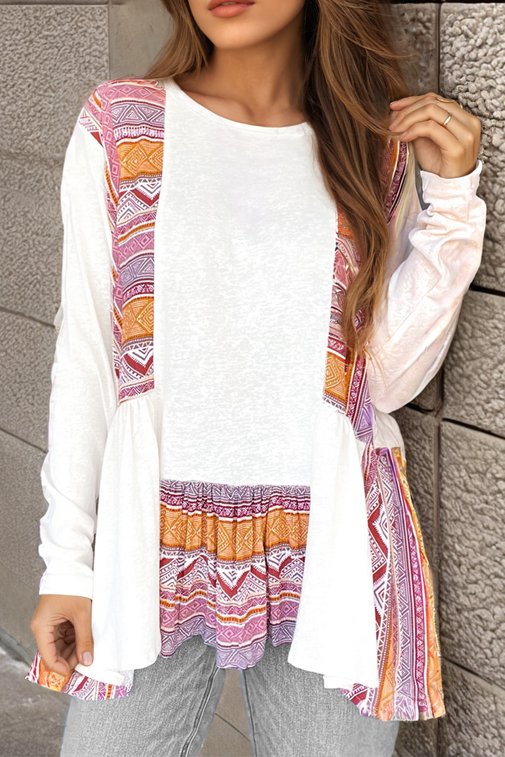 Long Sleeve Tops - White Geometric Patchwork Long Sleeve Ruffle Babydoll Top