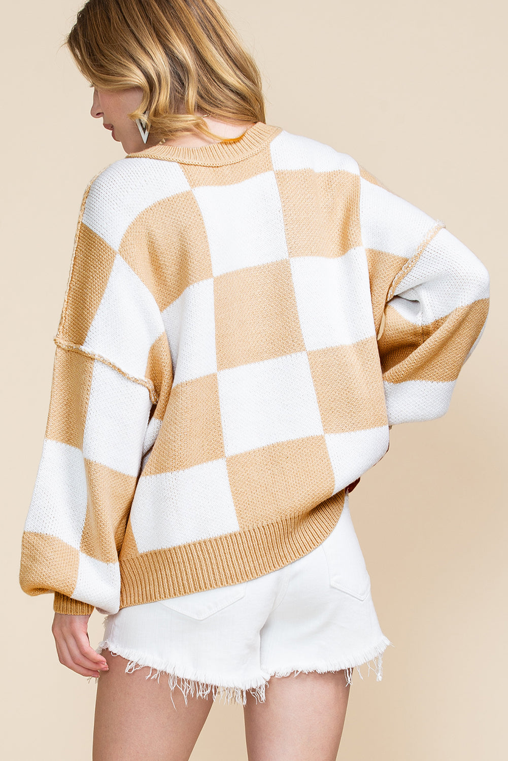 Orange & White Plaid Exposed Seam Bishop Sleeve Sweater-True and Wild