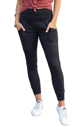 Black Pleated Casual Pocket High Waisted Leggings-True and Wild