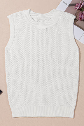 White Solid Color Eyelet Knit Crew Neck Vest