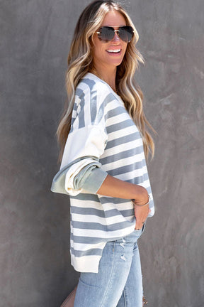 Blue Casual Striped Drop Shoulder Pullover Sweatshirt-True and Wild