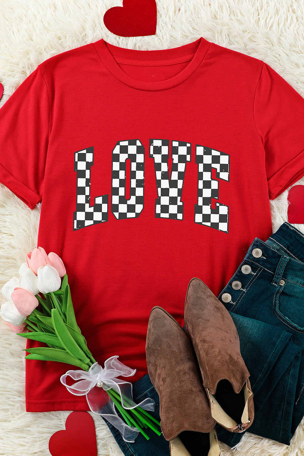 Red Checkered LOVE Letter Graphic Valentines Crewneck T Shirt-True and Wild