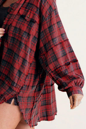 Exposed Seam Plaid Collared Neck Long Sleeve Shirt-True and Wild