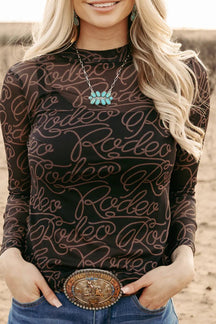 Black Letter Print Mock Neck Long Sleeve Mesh Top-True and Wild